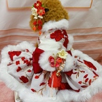 犬猫うさちゃん服 【即納OK】和♡ドレス〜レッドホワイト　　　　　　　　　　　　　　　　　　　　　　　　防寒に！お出かけに！コートとしてもOK！　　　　　　　　　　クリスマス＆新年　2wayワンピース