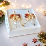 ［XmasGiftBox］リボンとガラスののオーナメントイヤリング（ピアス）&クリスタルガラスストーンフォークリングセット　クリスマスコフレ2024  