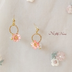 No.386　シャボン玉パールとピンク　本物のお花のピアス　イヤリング
