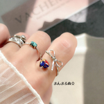 【小さなハートちゃん】赤 青 薔薇 ドライフラワー 花びら 押し花 ボタニカル シルバーカラー フリーサイズ リボン フォークリング