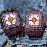 手編みハンドウォーマー／グラニースクエア/パープルブラウン