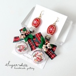 🧸🎄christmas ornament : capsule ✵ チェックリボンと小さなテディ・カプセルオーナメントの耳飾り   ピアス イヤリング 