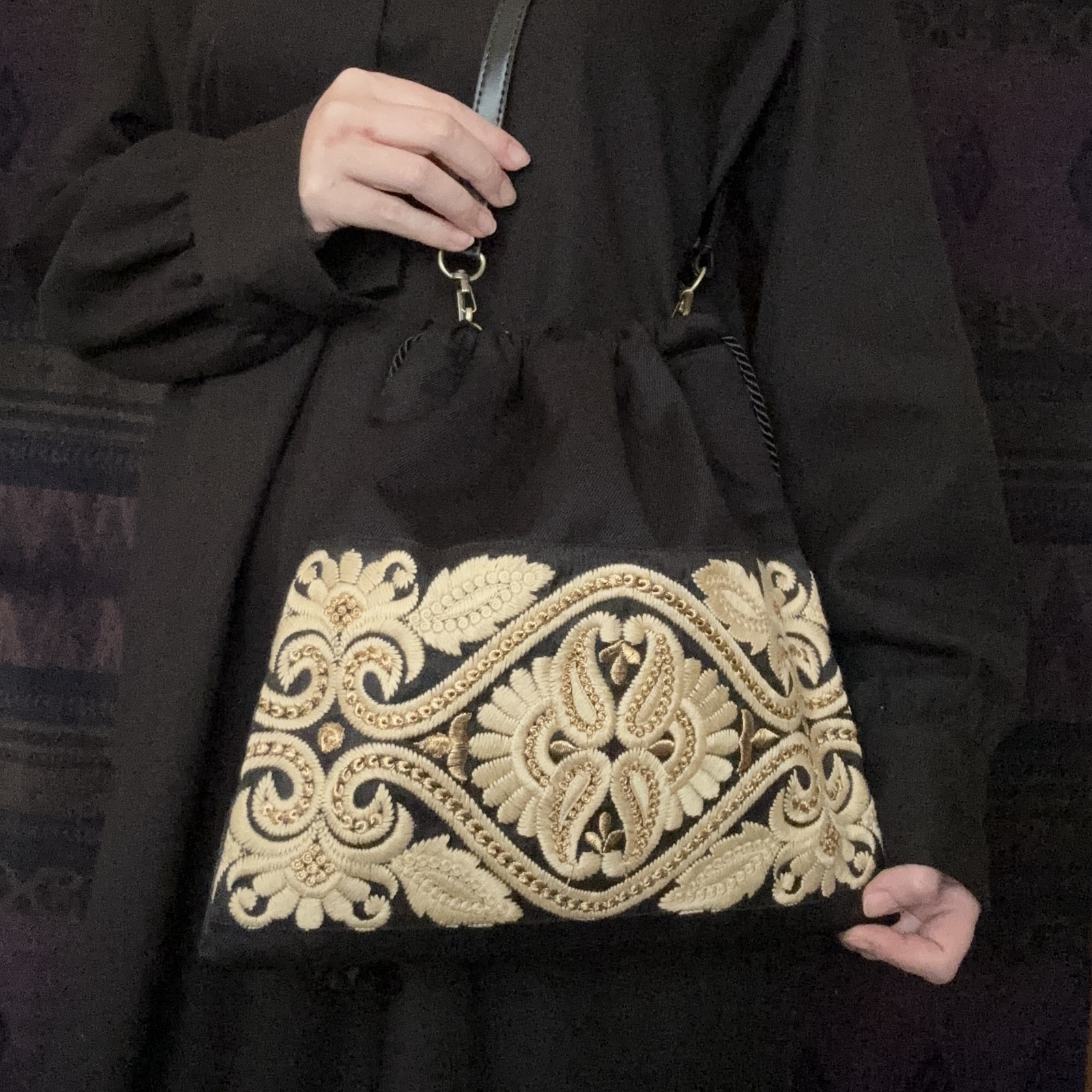 インド刺繍リボンのショルダーバッグ 【A柄】 drawstring