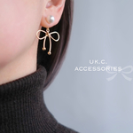 ピアス メタルリボン&パール 2way（ゴールドorシルバー）揺れる 金属アレルギー対応 ピアス イヤリング 樹脂ピアス チタン ピアス サージカルステンレス リボン 人気 ゴールド ピアス