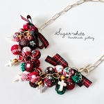 🎄 tweed ball necklace ✵ チェック柄ツイードボールとリボンの首飾り  ネックレス・ペンダント   十字架 ボリューム  大ぶり 