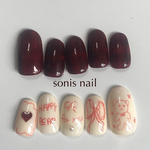red  / ネイルチップ ボルドー チェック 落書き ニュアンス 韓国 ちぐはぐ シンプル 冬ネイル 大人可愛い ボルドーネイル