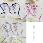 星花とリボンのピアス／イヤリング【アクアブルー】つまみ細工　リボンピアス　リボンイヤリング