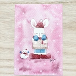 🎄透明水彩画「うさぎちゃんの冬越し」イラストポストカード２枚セット 雪　寒中見舞い　年賀状　クリスマスカード クリスマス　ウサギ　冬　雪だるま　バースデーカード