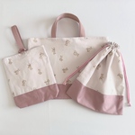 ペールピンクベア🧸 3点セット レッスンバッグ上履き袋 巾着袋 入園・入学グッズ オーダー販売【送料無料】サイズ変更可能 くまさん ピンク くすみピンク サイズオーダー