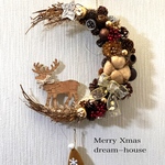 送料無料🎄シックカラー🦌トナカイ三日月クリスマスリース　玄関リース　木の実リース