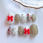 ネイルチップ494 サイズオーダー 韓国 ポップ ぷっくり リボン クリスマス 冬 キラキラ マグネット 赤 シルバー