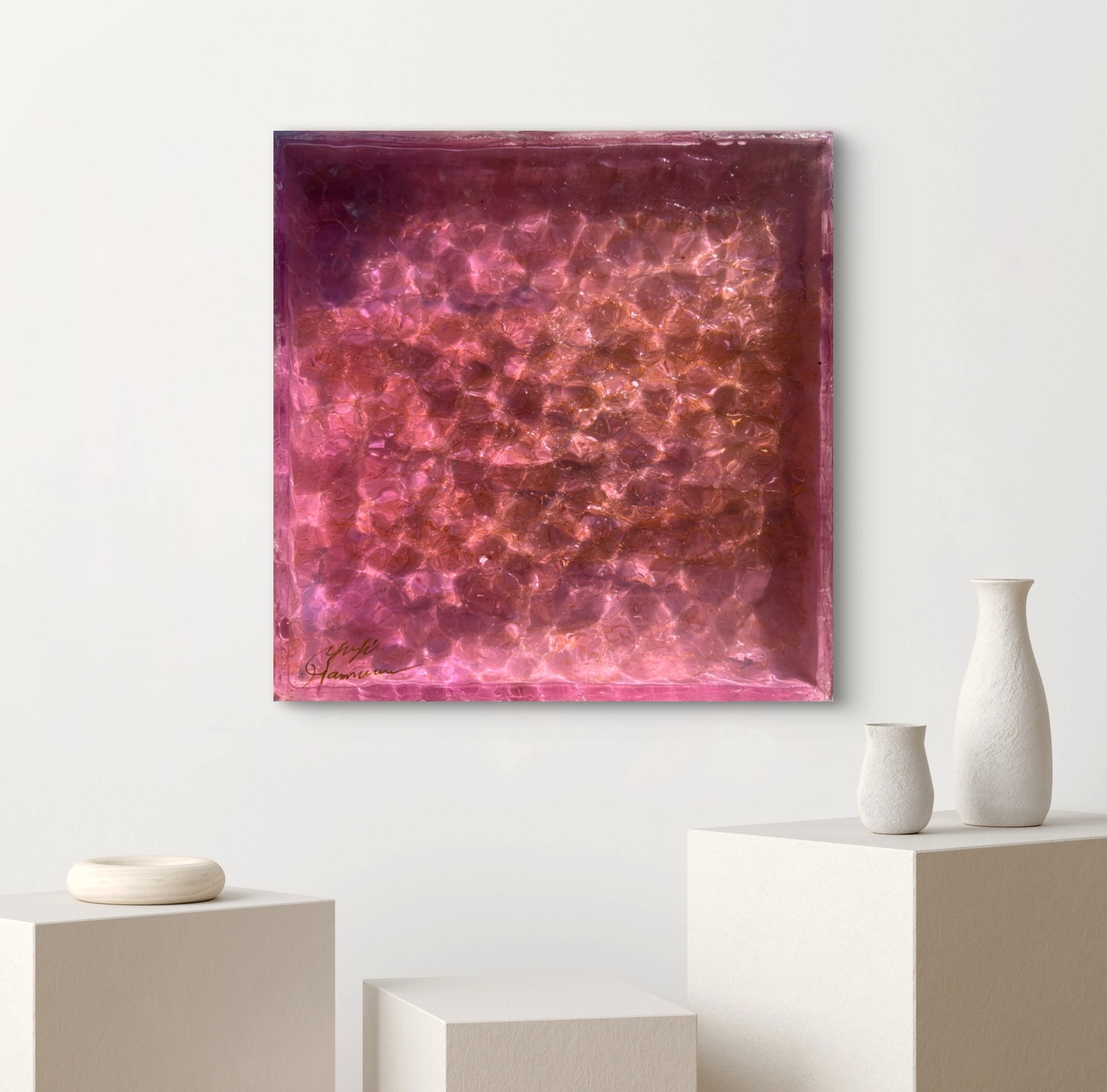 Yuji hamamura現画販売　アートパネル  水面　NO.11無題 ピンク　20×20cm 濵村裕二　Yuji hamamuraサイン入り
