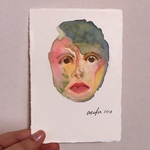 ミニ原画「thinking」（小さな絵、顔彩、はがきサイズ）