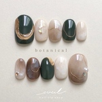 botanical ネイルチップ　つけ爪　ニュアンスネイル  淡色　深緑　ディープグリーン　ブラウン　アイボリー　ベージュ　ゴールド　成人式　振袖　前撮り