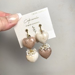 2連ハートとお花のイヤリングorピアス/ピンクベージュ×ホワイトベージュ