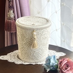 ふた付き　ダストボックス　ホワイト　タッセル　ビジュー　ラベルピエス　ホワイトシリーズ