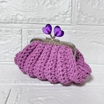 『ドレスながま口』がま口ポーチ  クリアハート ピンク  コットン糸 【口金 8.5cm  シルバー】  かぎ針編み