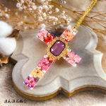 再販×2❣️【カトリーナ✝️】極小薔薇 リトルウッズ ピンク カラフル クロス 十字架 ボタニカル レトロ ドライフラワー ガラス ビジュー レトロ チェーン ネックレス