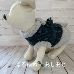冬用  犬猫ハーネス　ネイビー×グレーファー　あったかモコモコ襟・袖・裾付き　2点止め