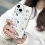 【No.60】ダスティーブルーリボン パール クリアiPhoneケース