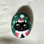 七宝焼　ブローチ＆ペンダントトップ　クリスマスの黒猫