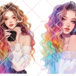 オリジナルステッカー　レインボーガール　レインボーカラーヘア　ロングヘアガール　10枚20人のセット