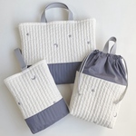 《送料無料》  ふわふわヌビ　ブルーグレー　星　月　入園入学 セット　刺繍　レッスンバッグ　シューズ入れ　お着替え袋　3点セット　韓国生地　ヌビ　男の子　女の子
