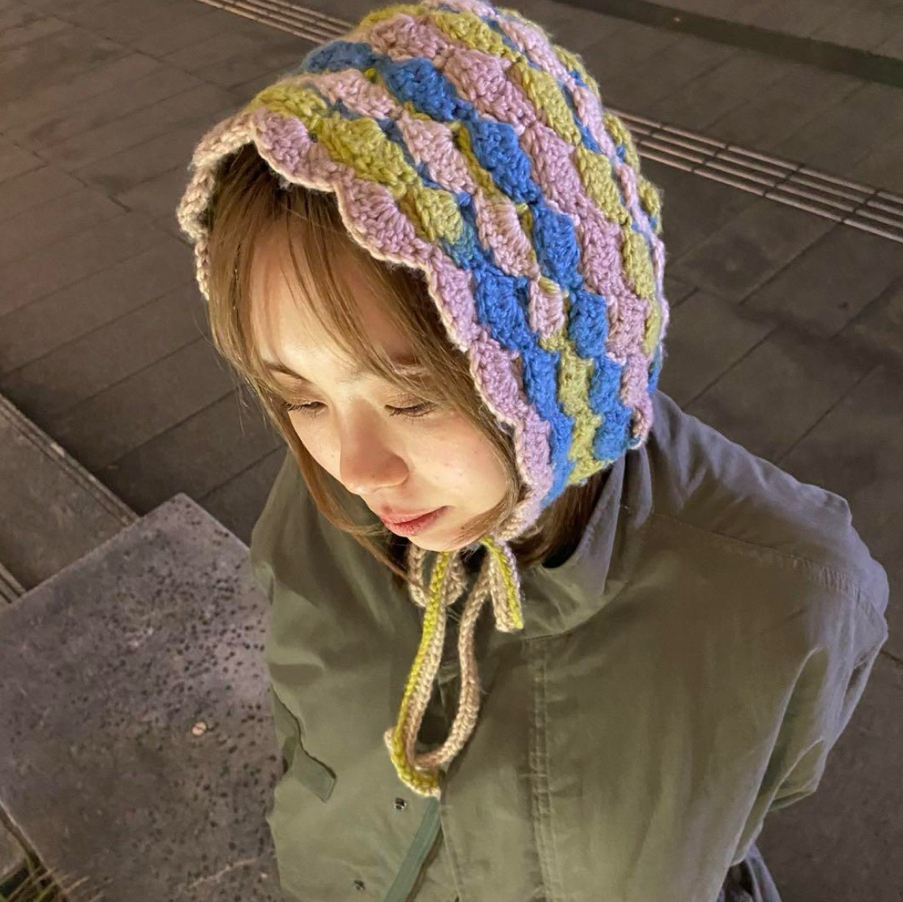 オーダー【ボンネットハット】ニット帽 ハンドメイド 毛糸 帽子 個性的 ファー 大人のボンネット 秋冬 シンプル きれいめ フェミニン