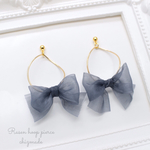 らせんhoop×りぼん♡グレー♡オーガンジーリボンピアス