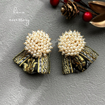 2way パール カボション ビーズ刺繍 リボン 大ぶり ハンドメイド ピアス イヤリング 個性的 刺繍 スパンコール