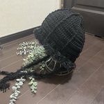☆耳まで暖かい ファー付き ニットフード/ボンネット☆ブラック