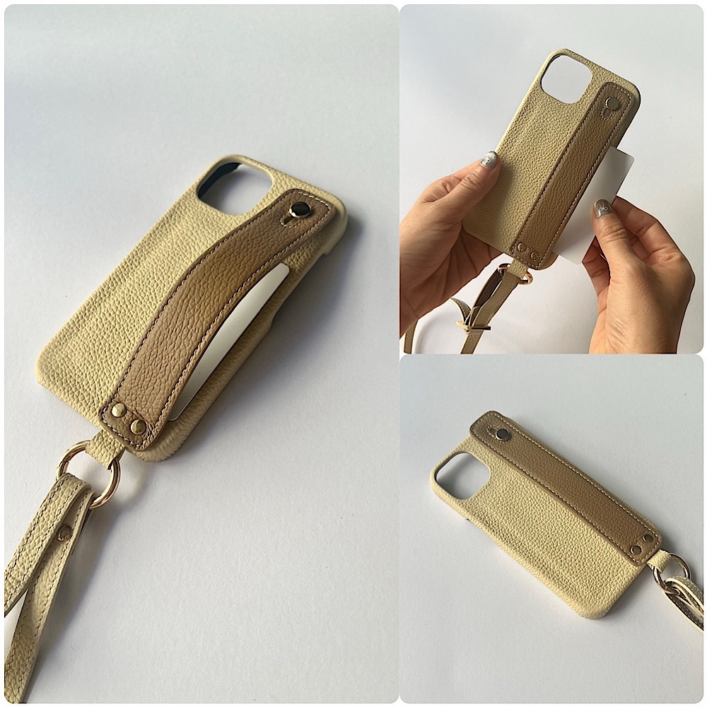 本革　バイカラー　レザー 隠しポケット付き  ショルダーストラップ付き　名入れ可　iPhoneケース　ivory+marron