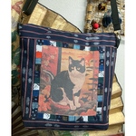 絣パッチワークの猫柄の藍染ショルダーバッグ　　　古布リメイク