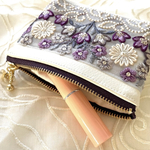 インド刺繍リボン パールチャーム付きミニコスメポーチ 《パープル・パステルピンク》《受注制作》