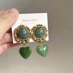 H164.‪【再販‪なし】唯一無二💚ビーズ刺繍ピアス イヤリング 緑 グリーン 大ぶり ハート ゆれる チェコガラス 目を引く 特別 ゴールド gold 大人可愛い ギフト プレゼント 主役級キラキラ