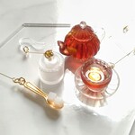 再販　受注生産　ミニチュアティーセット　お茶会　ピアス　イヤリング　透明　レトロ　レモンティー　ティーポット　揺れる