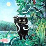 原画「蛇使いの黒い招き猫（ルソーへのオマージュ）」 F10号  #絵画 #ねこ #招き猫 #白蛇 #黒猫 #ヘビ #縁起物 #金運 #アート #巳年 #黒い招き猫 #art
