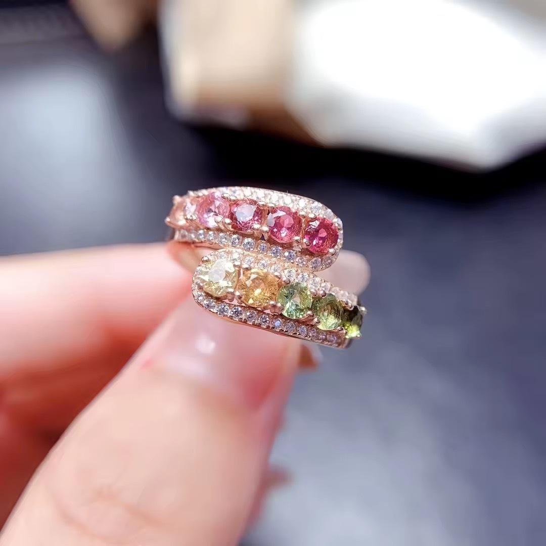 〖tourmaline〗天然 カラフル トルマリン パヴェ ハーフエタニティー 指輪 リング シルバー925 天然石