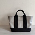 合皮(グランシルク)×帆布横長トートバッグM グレー×ブラック 倉敷帆布