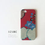 【 KIMONO 】希少一点物☆アンティーク着物iPhoneケース(紫檀に青桐）