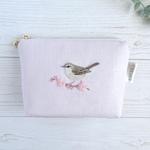 ウグイスと梅の刺繍リネンミニポーチ【パウダーピンク】