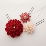 【受注】つまみ細工のお花髪飾り-えんじ&渋めピンク&クリーム色-　成人式　卒業式　袴　振袖　浴衣　着物