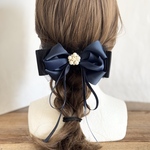 【BLACK Blossom】リボンヘアアクセサリー 紺色×黒 バレッタ ポニーフック ヘアゴム ヘアカフ リボンピン ヘッドドレス 大きめリボン