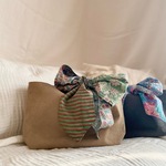 《ラスト1点》リボン トートバッグ　グリーン&グレージュ　ミドルサイズ