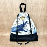 【完成品】サメ図鑑(生成り)×黒　お道具袋/給食袋　持ち手付き両紐巾着30×30×4cm