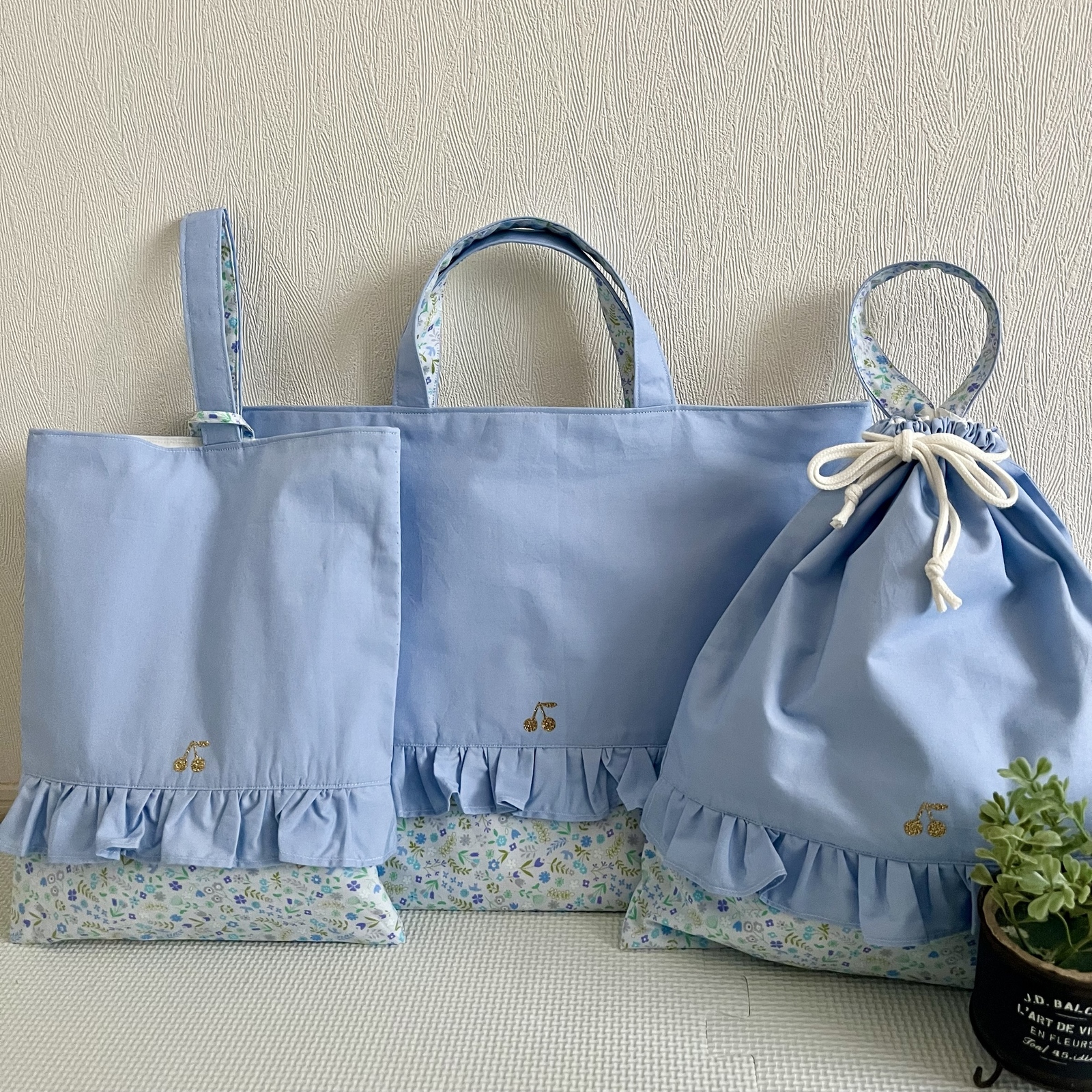 花柄×ラベンダー　入園入学3点セット　女の子　ハンドメイド 受注制作】3点セット花柄リボン 紫 レッスンバッグ 上履き入れ