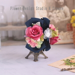 ローズピンクの薔薇と刺繍リーフのバンスクリップ　アーティフィシャルフラワー　造花　クリップ　リボン　髪飾り　ピンク　おでかけ