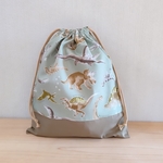 35×30 　巾着袋、お着替え袋　水彩風恐竜柄　薄オリーブ　完成品