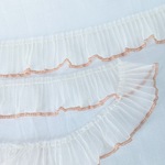 【1m】【35mm幅】【ホワイト×ブラウン】フリンジ　リボン　ふわふわ　オーガンジー　シフォン　レース　ギャザー　フリル　テープ　アクセサリーパーツ　ハンドメイド　手芸　R092-２