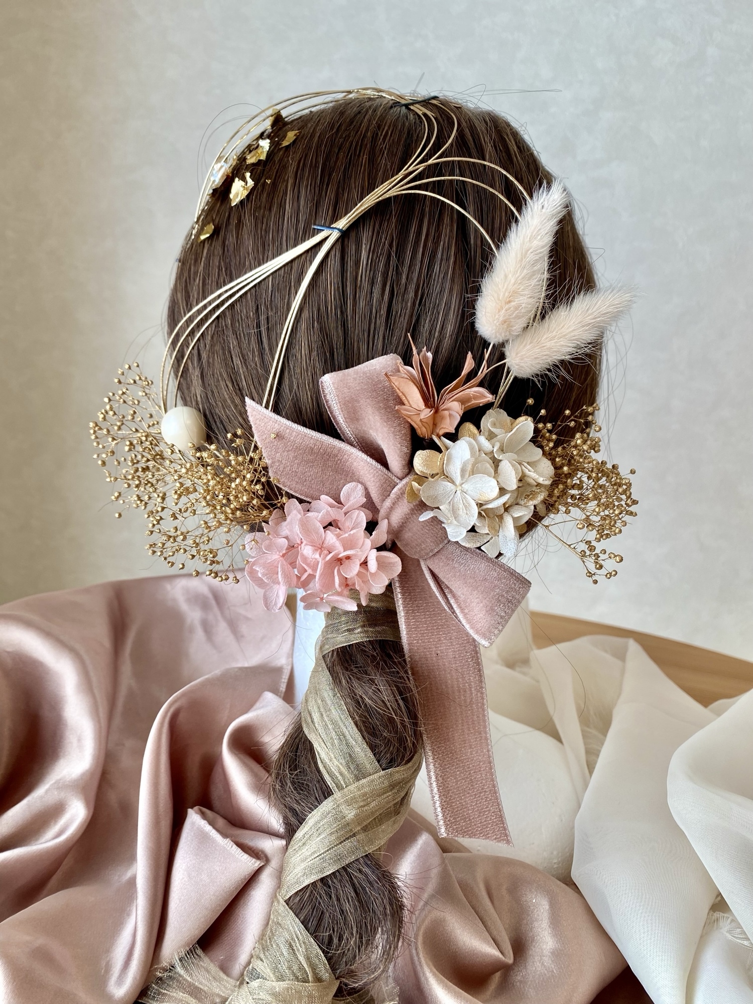 成人式 ピンク くすみ ボルドー ベージュ ゴールド つまみ細工